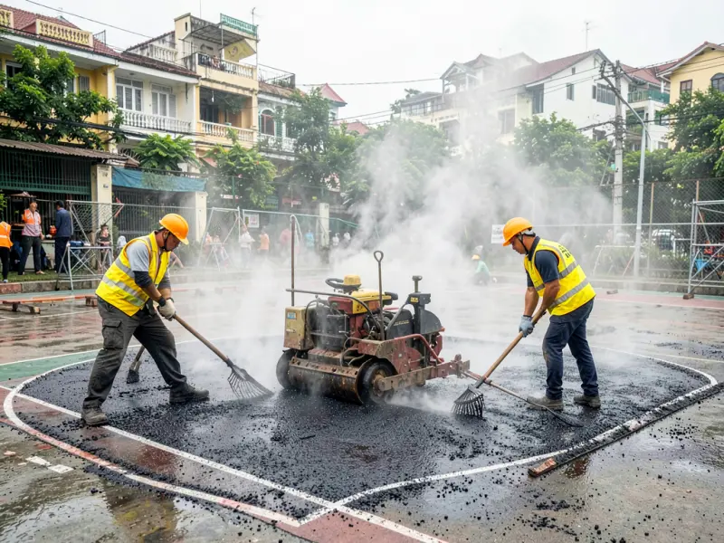 Công nhân đội mũ bảo hộ rải và cào phẳng lớp bê tông nhựa nóng làm nền sân