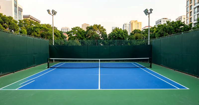 Sân tennis ngoài trời mặt cứng xanh dương viền xanh lá, có lưới, hàng rào chắn gió và cột đèn