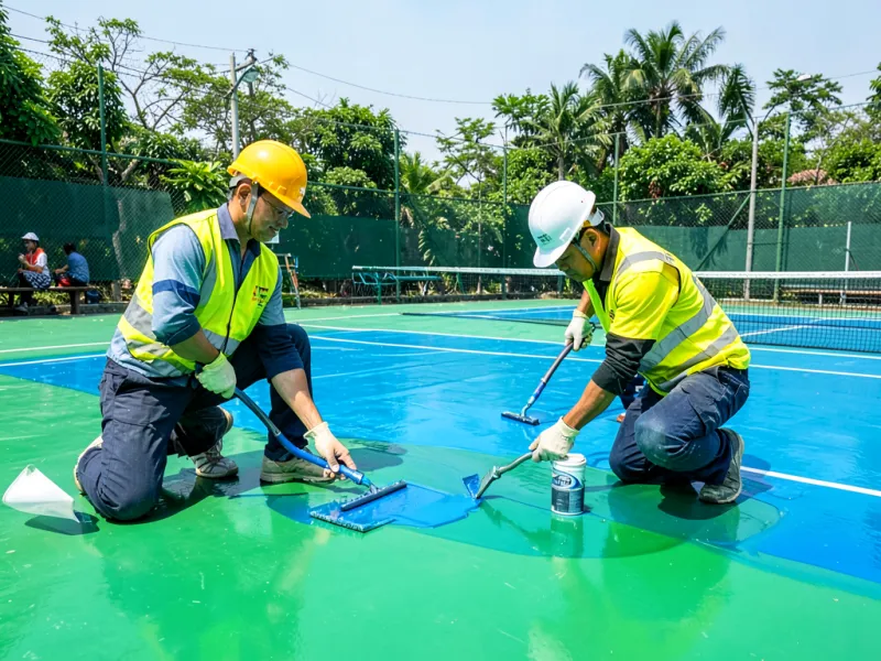 Hai thợ đội mũ bảo hộ quỳ gạt sơn acrylic xanh lên mặt sân bằng cào cao su