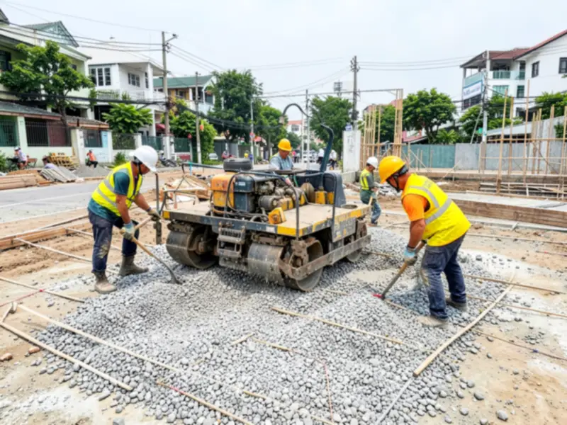 Thợ đội mũ bảo hộ vận hành máy lu rung nén lớp đá dăm làm nền sân ở khu dân cư mới