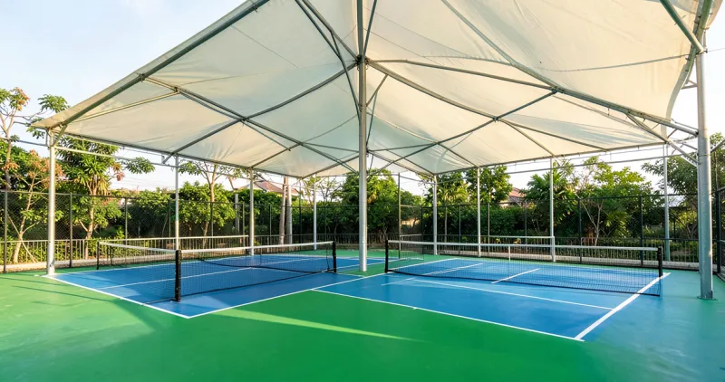 Hai sân thể thao mặt sơn acrylic xanh dưới mái bạt căng trên khung thép, xung quanh có cây xanh