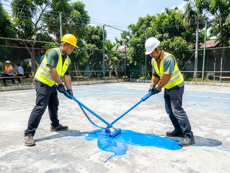 Hai thợ đội mũ bảo hộ dùng cào cao su rải lớp sơn acrylic xanh lên nền bê tông sân pickleball